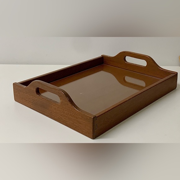Mid Century Vintage Handled Glass Surface Dovetail Jointed Hardwood Tray - Picture 15 of 16